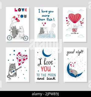 Cute cats in love. Set of romantic card templates for design. Hand drawn cartoon cats. Valentine`s day design Stock Vector